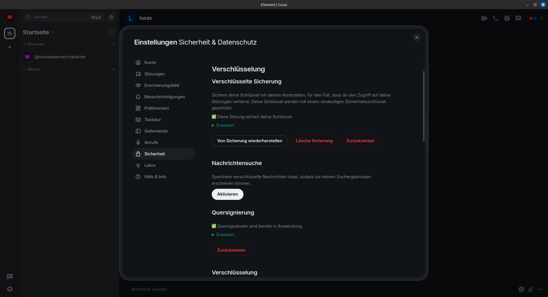 Einstellungsebereich für das Aktivieren der Nachrichtensuche