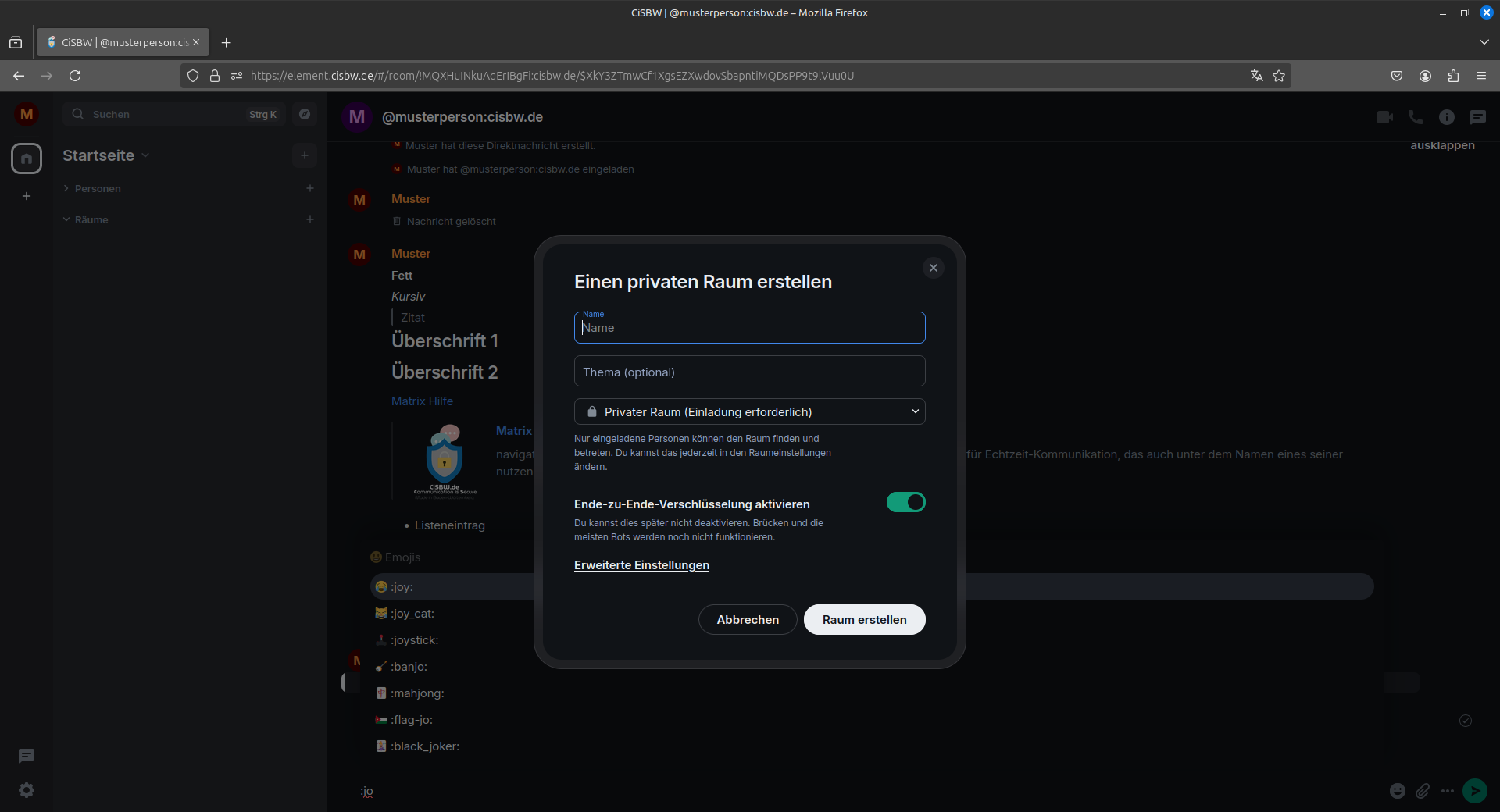 Eingabemenü für den Raumnamen
