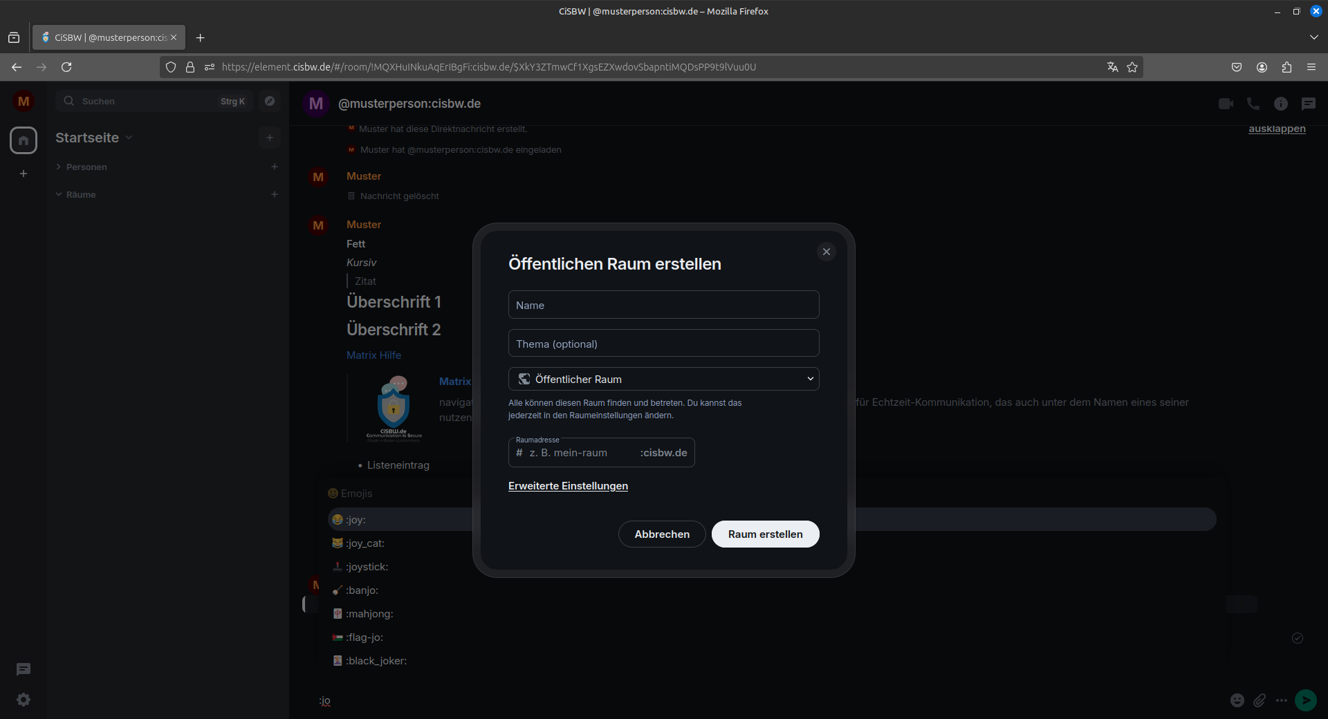 Eingabemenü für den Raumnamen Öffentlich
