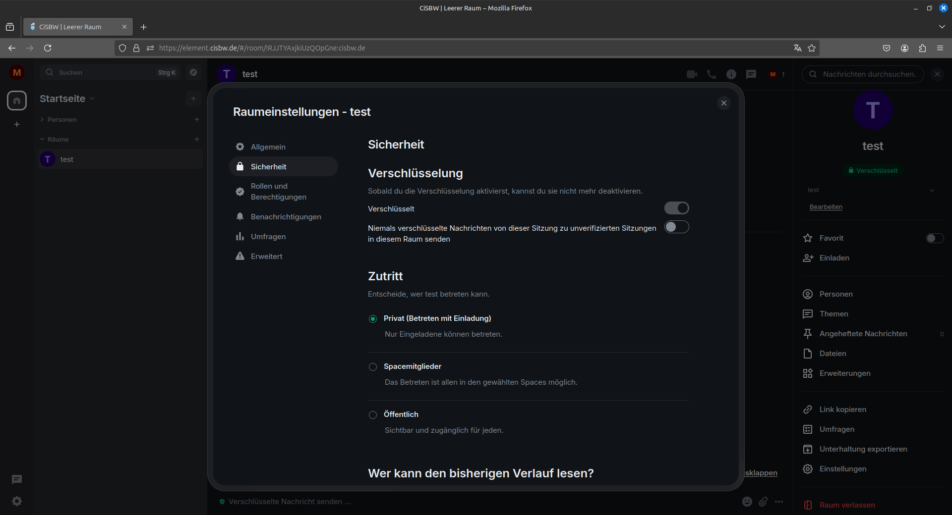 Sicherheitseinstellungen für den neu erstellten Raum
