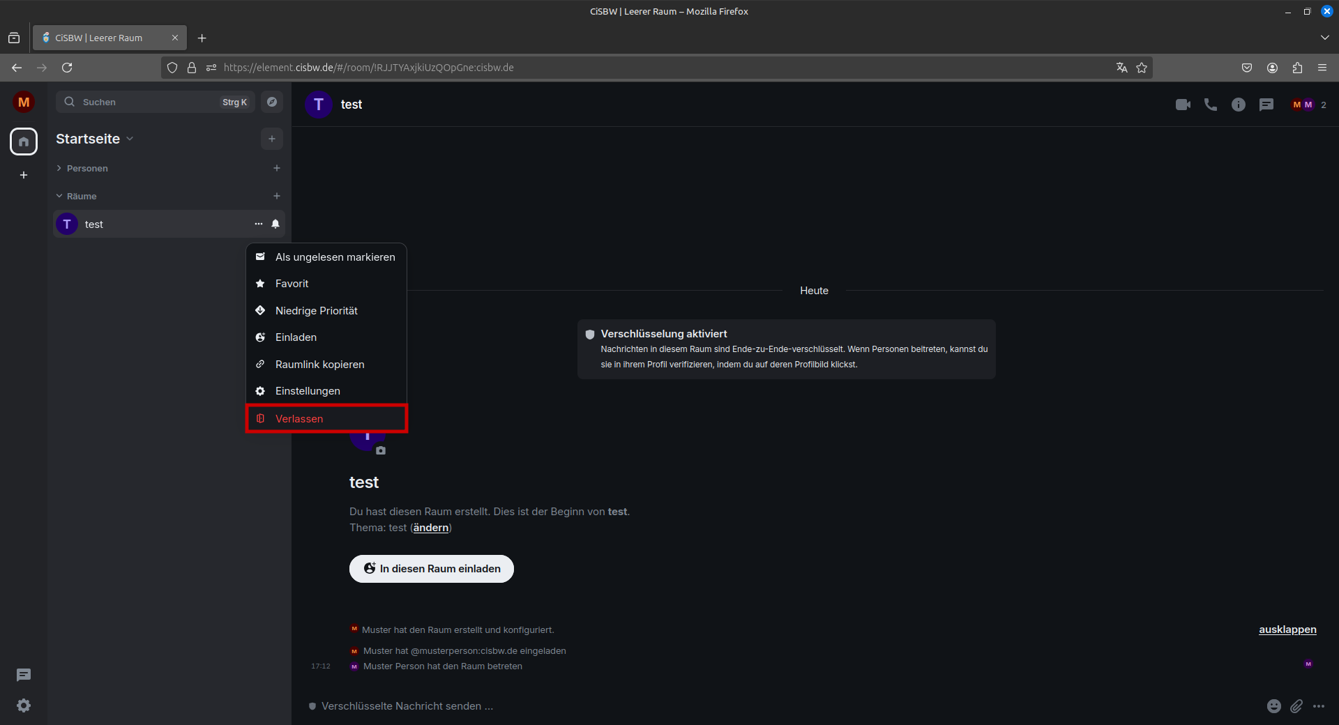 Raumeinstellungen mit der Auswahl Verlassen