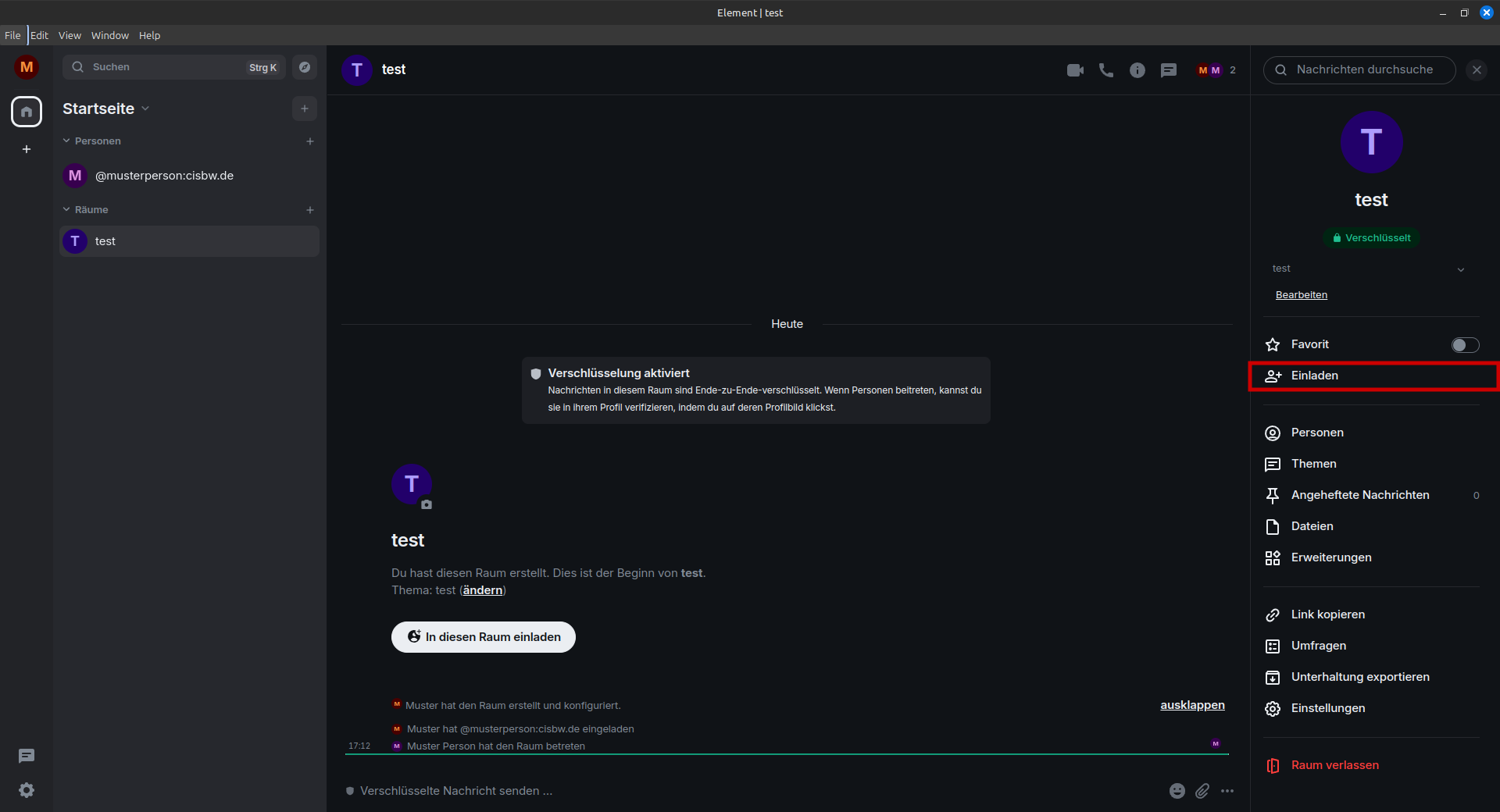 Einladensymbol in der Chatansicht des Raums makiert