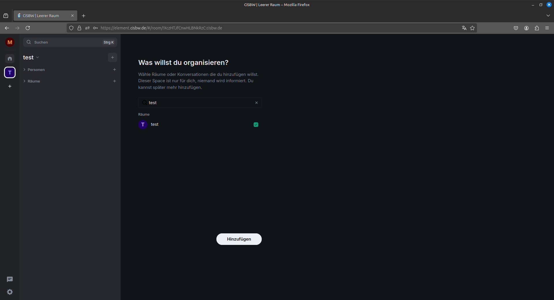 Ein Marker auf aktiver Checkbox neben gefilterten Raum und auf den Hinzufügen-Button