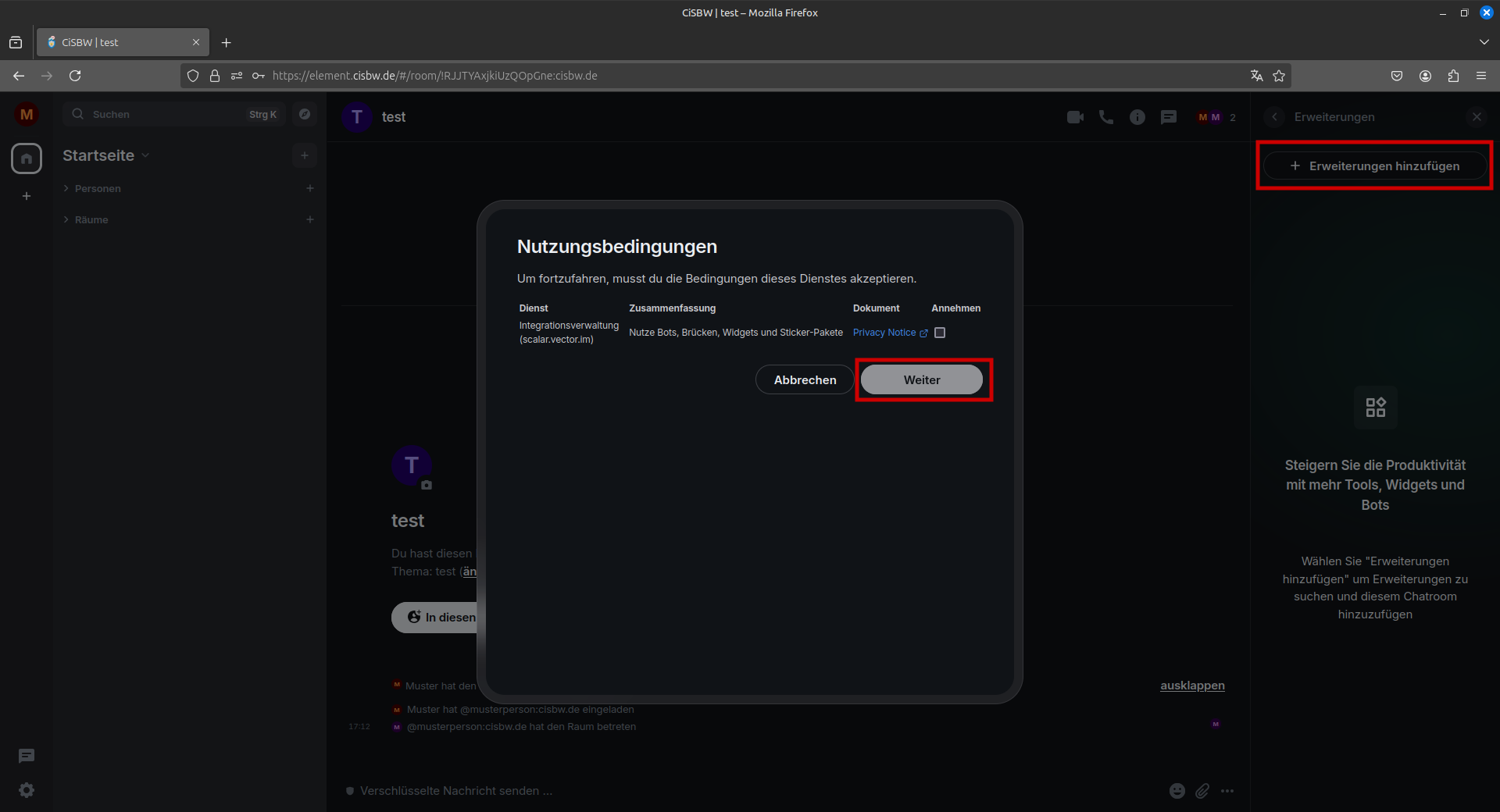 Mit Markern auf Erweiterung hinzufügen und Weiter unter der Nutzungsbedingung