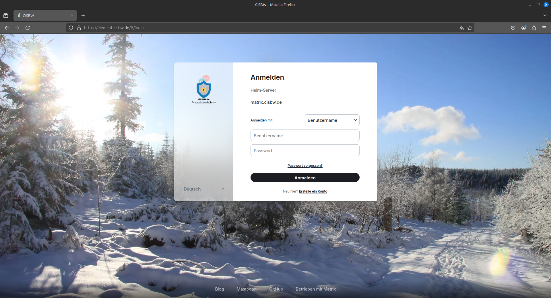 Loginseite von Element Webclient