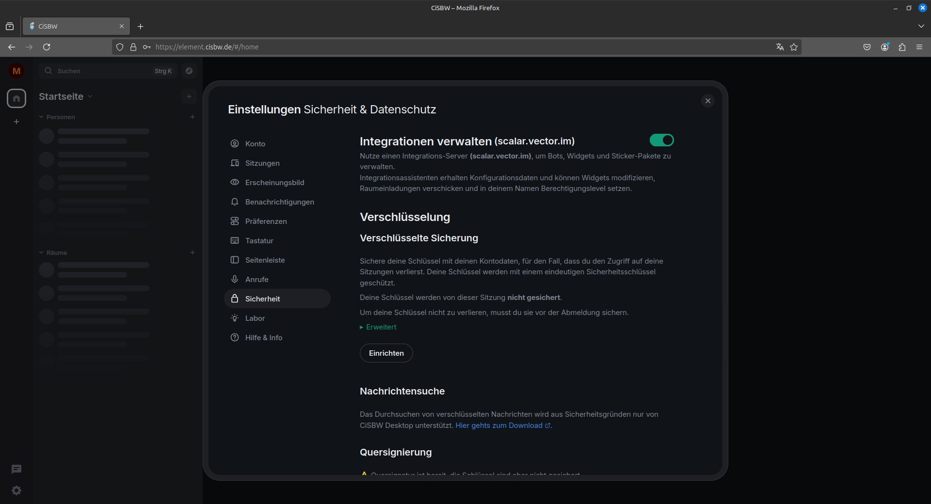 Im Reiter Sicherheit ist der Teil Verschlüsselung zu sehen