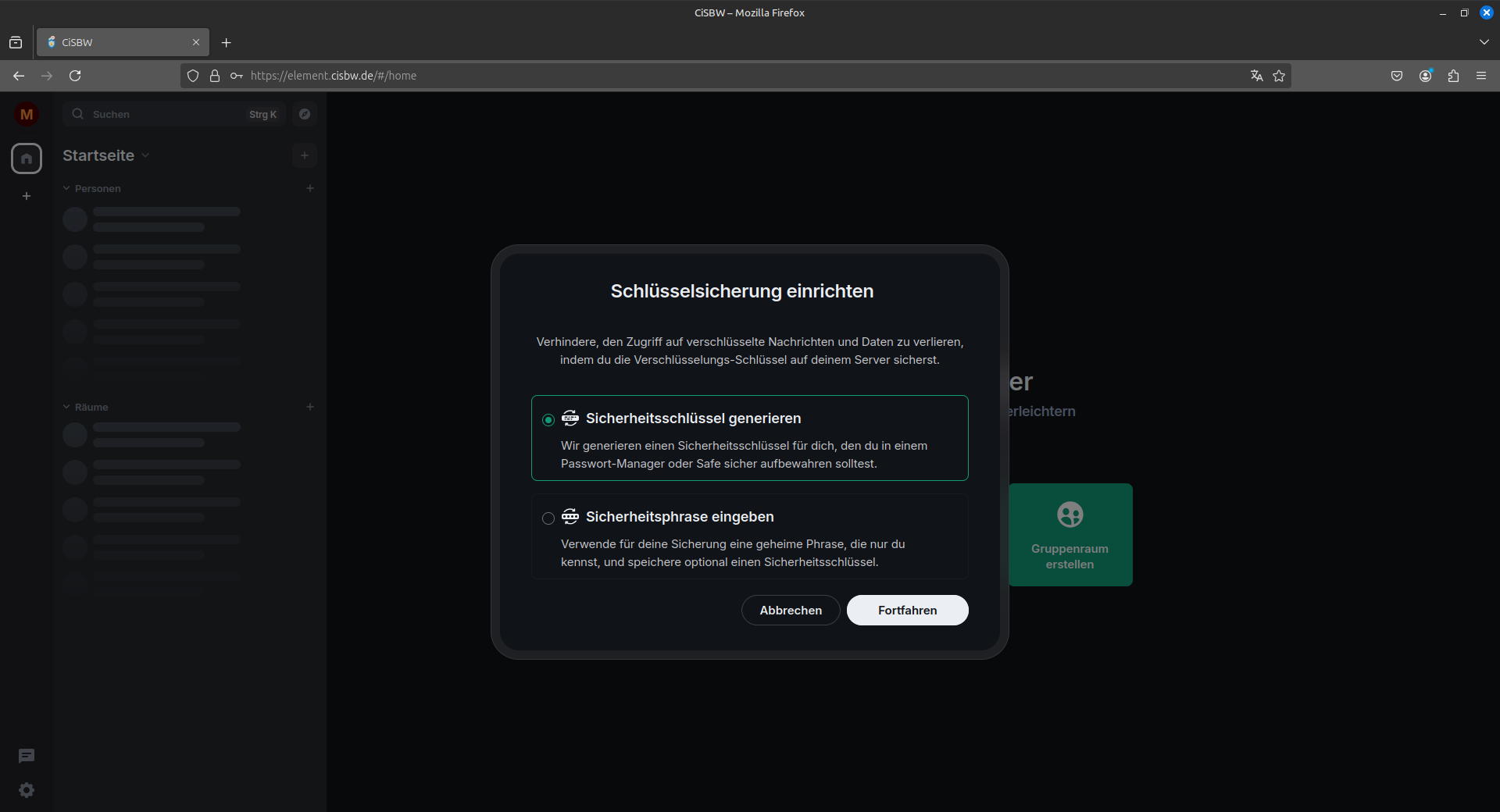 Aufforderung den Sicherheitsschlüssel zu generieren oder eine Sicherheitsphrase einzugeben