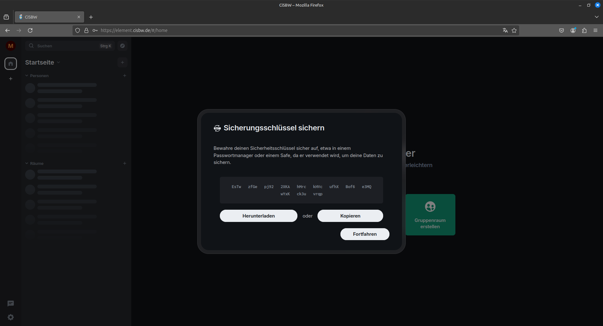 Anzeige des Sicherheitsschlüssel zum abschreiben oder wegspeichern