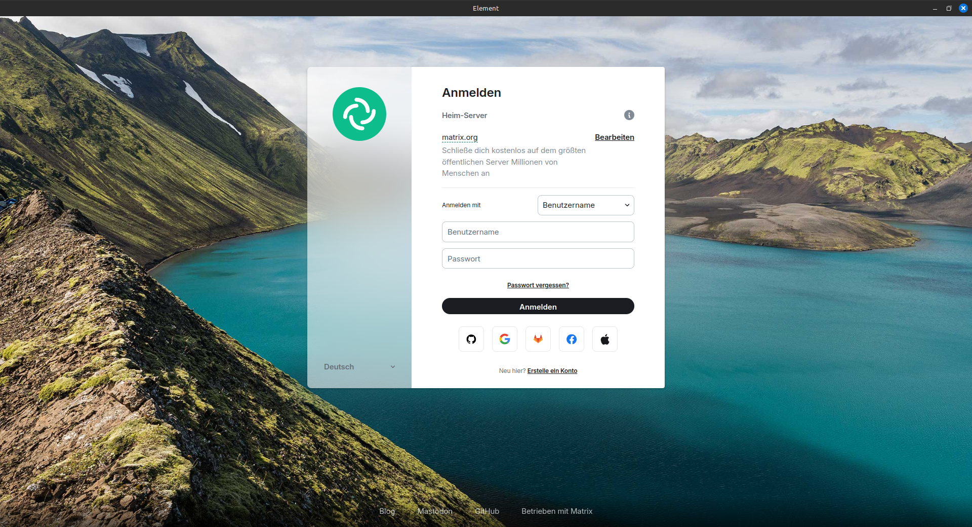 Anmeldeseite mit Fokus auf dem Homeserver ändern Button