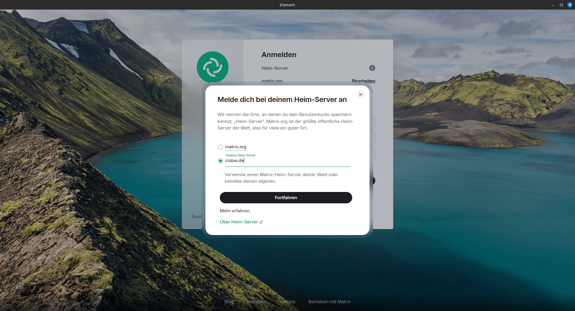 Eingabefeld zum Ändern des Homeservers mit der Eingabe cisbw.de