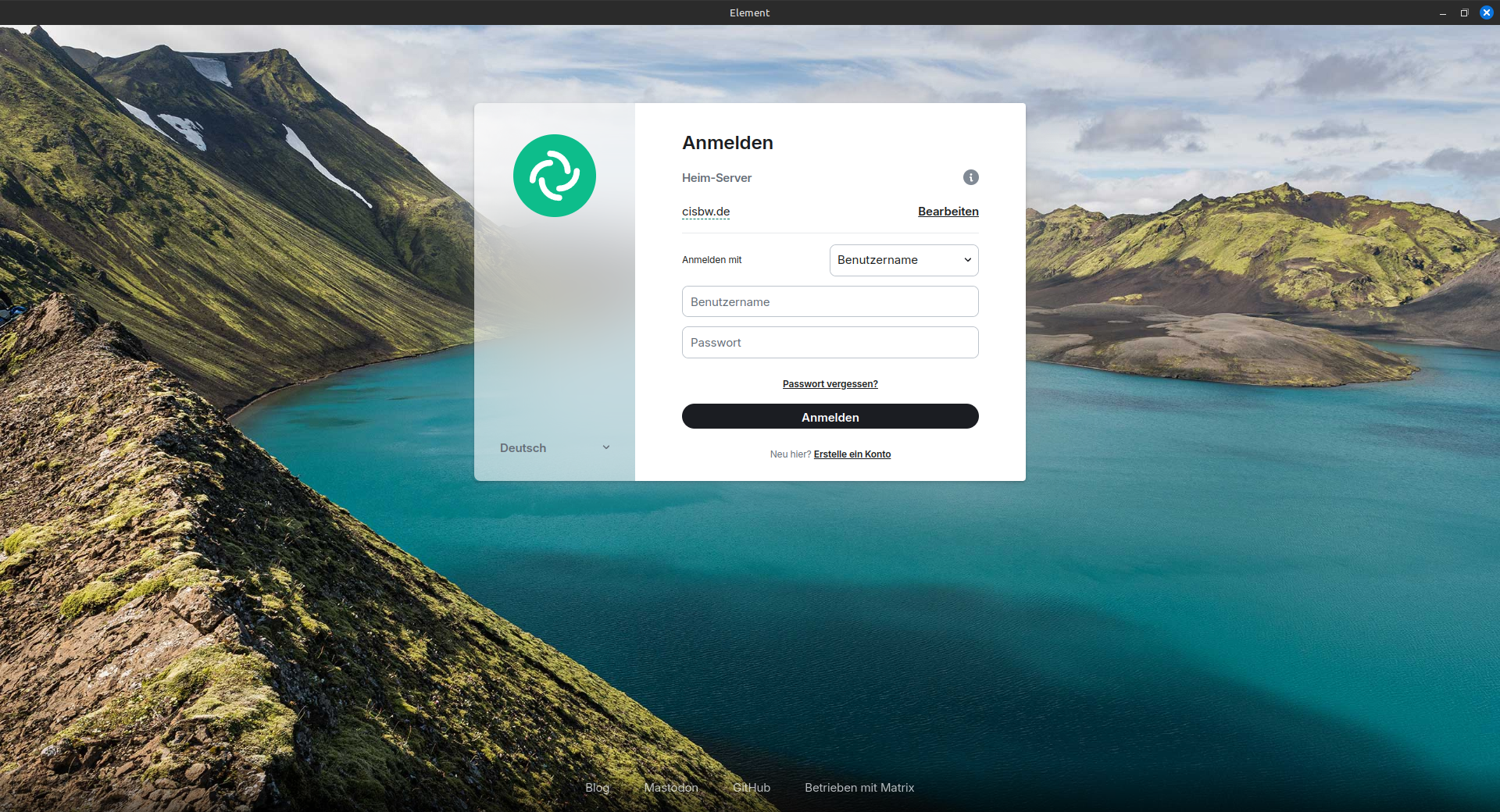 Loginseite auf der Desktopapp