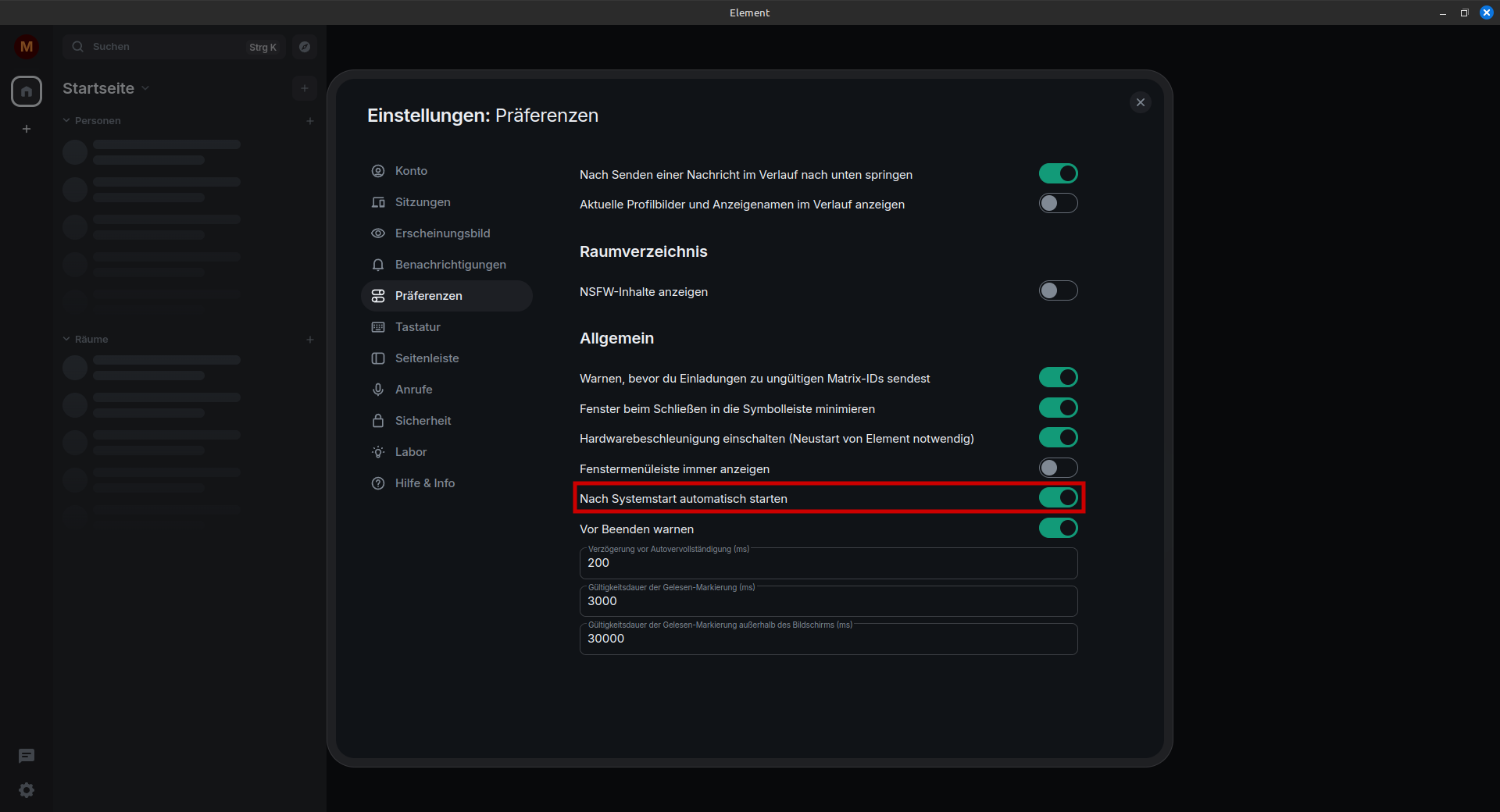 Einstellungen mit dem Punkt nach Systemstart automatisch starten markiert