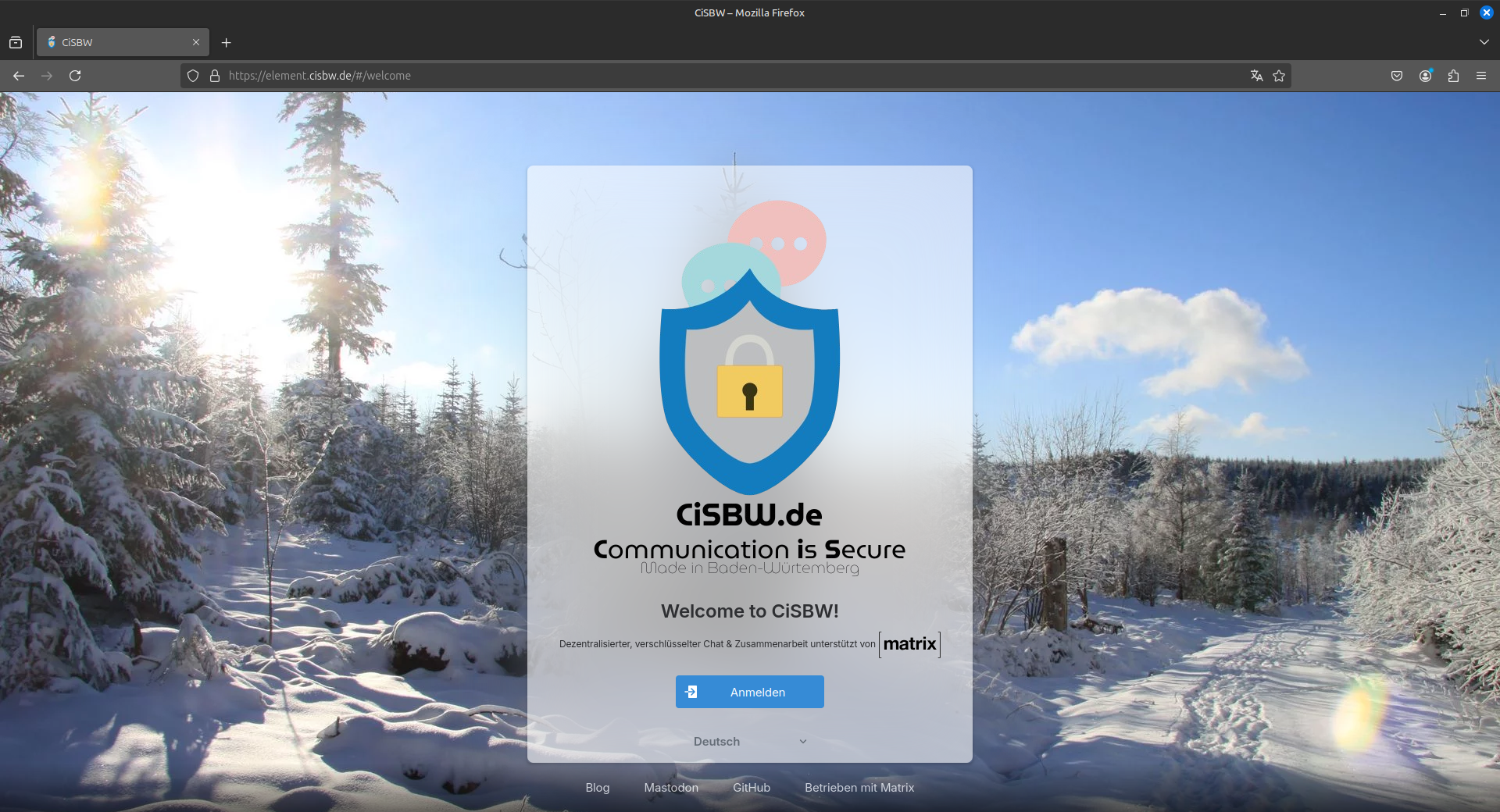 Startseite von Element Webclient mit Anmeldebutton