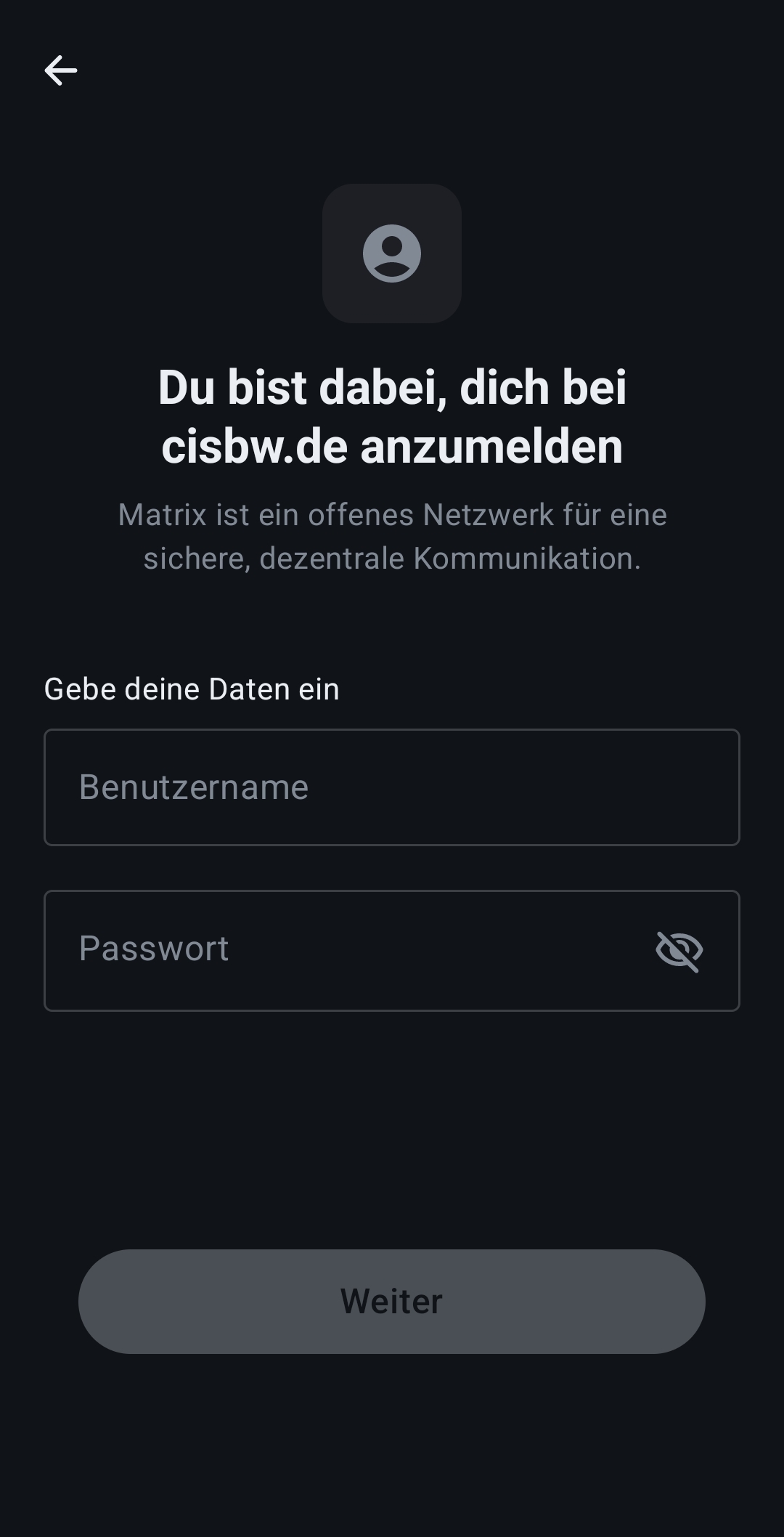 Loginfenster der Element X Android App