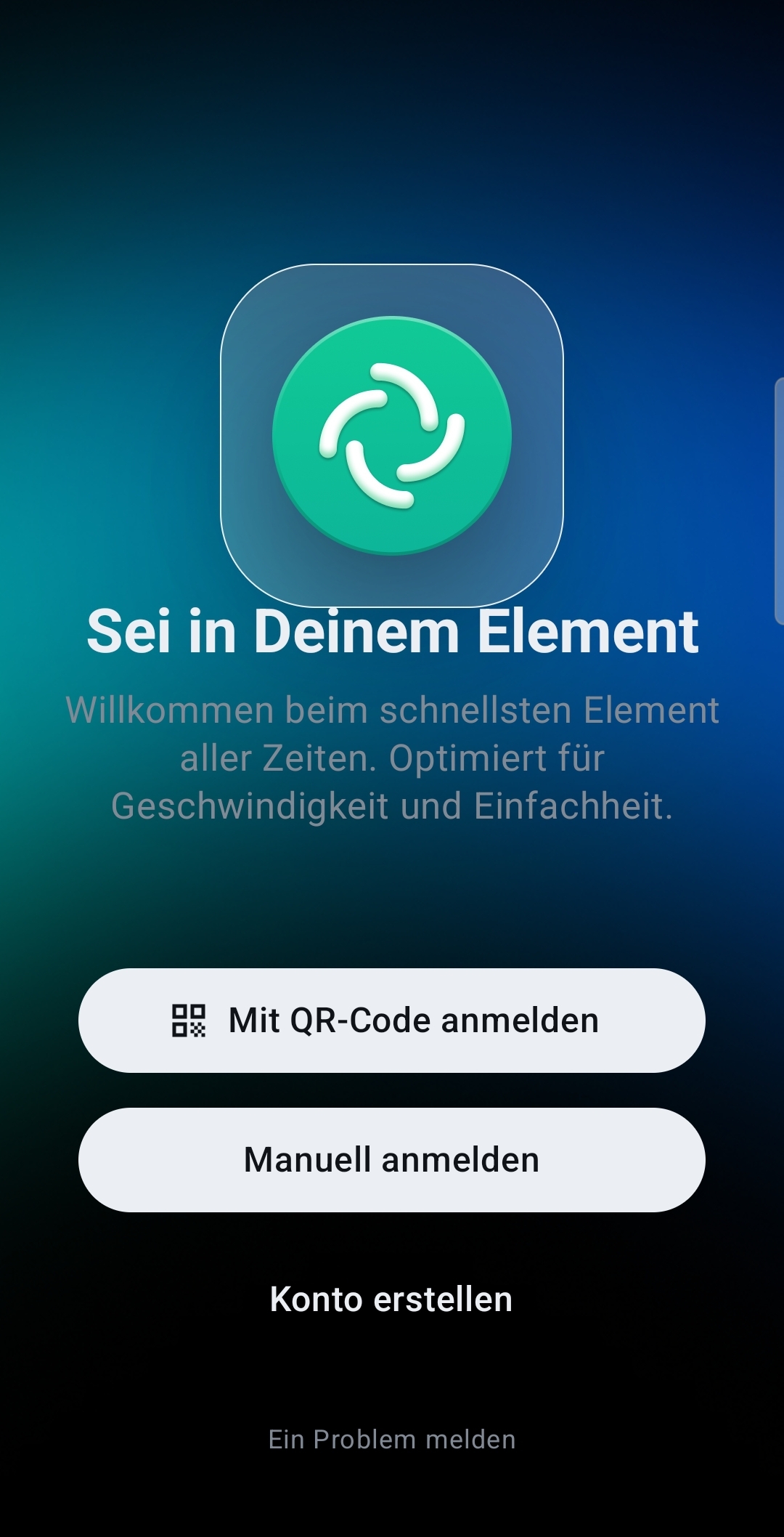 Willkommensbildschirm der Element X Android App