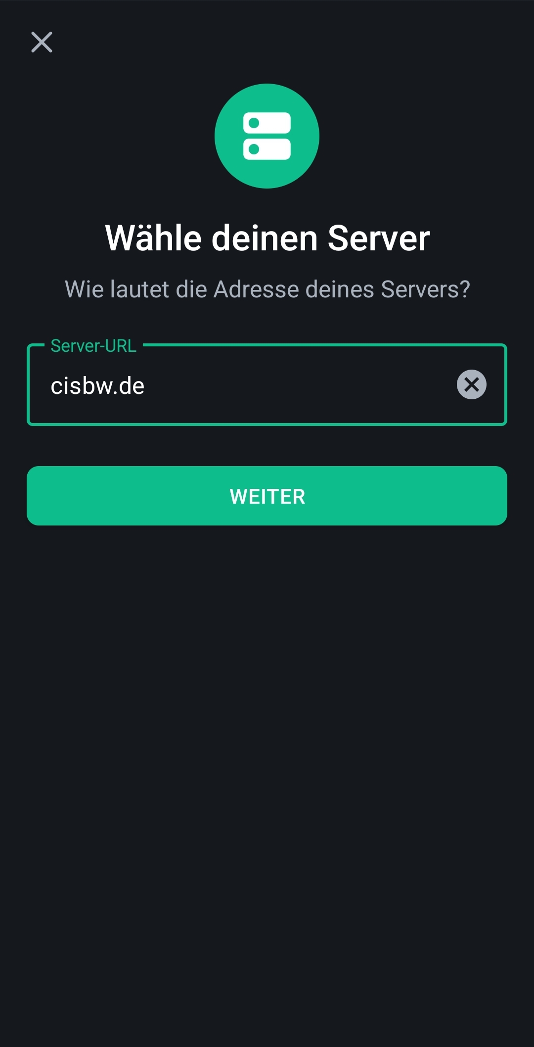Bildschirm zur Eingabe der Serveradresse